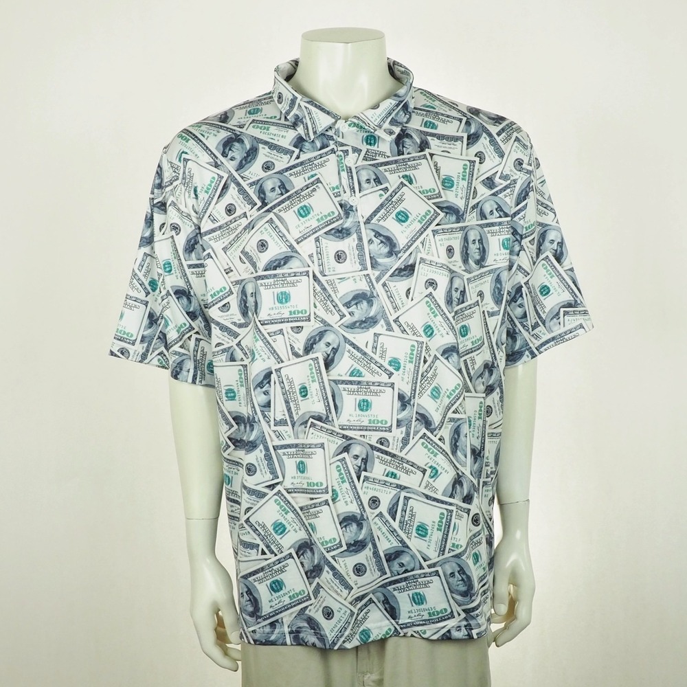 Obnoxious Golf Polo Shirt Mens 2XL XXL AOP Money Dollar Cash Bills The Benjamins